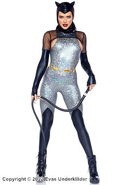 Costume catsuit, small fishnet, wet look, iridescent fabric, rings
